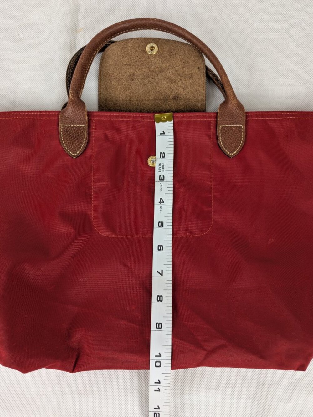 Pre-Owned Longchamp Le Pliage Authentic Nylon Leather Tote Bag Red Made in China - Picture 12 of 15